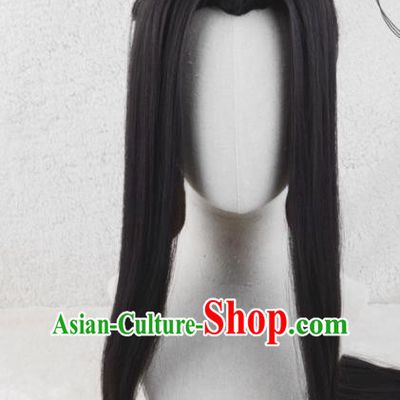 Handmade China Traditional Qin Dynasty Prince Hairpieces Ancient Noble Childe Headdress Cosplay Swordsman Black Wigs