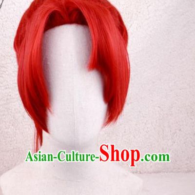 Handmade China Ancient Young Knight Headdress Cosplay Swordsman Red Ponytsil Wigs Traditional Qin Dynasty Kawaler Hairpieces