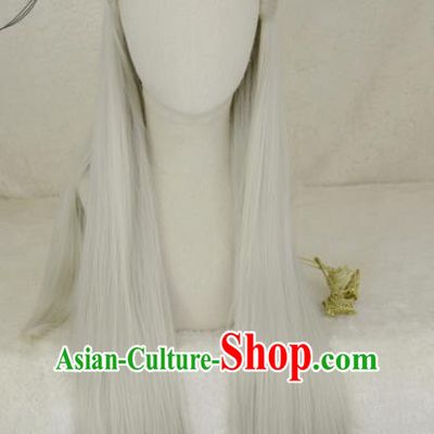 Handmade China Traditional Hanfu Young Childe Hairpieces Ancient Crown Prince Headdress Cosplay Swordsman Gray Wigs