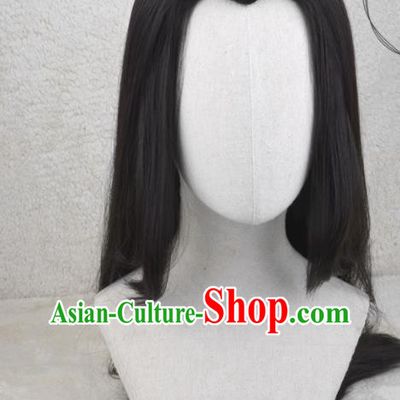 Handmade China Cosplay Swordsman Black Long Wigs Traditional Hanfu Young Childe Hairpieces Ancient Hero Headdress