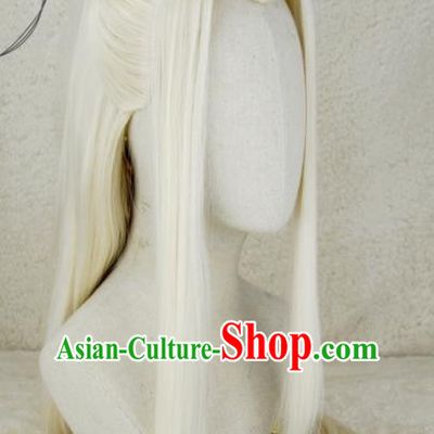 Handmade China Traditional Hanfu Adults Hairpieces Ancient Taoist Priest Headdress Cosplay Swordsman Light Golden Wigs