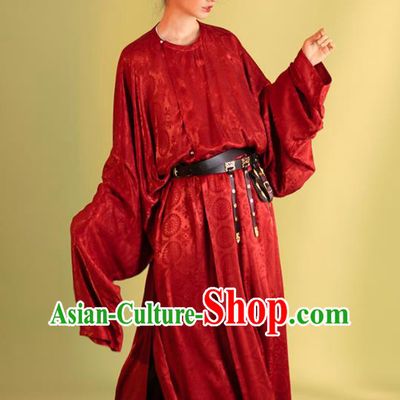 China Ancient Woman Hanfu Dress Traditional Tang Dynasty Red Round Collar Robe Uniforms Swordsman Historical Clothing
