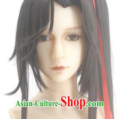 Handmade China Ancient Hanfu Young Knight Headdress Cosplay Swordsman Blue Wigs Traditional Heaven Official Blessing Hua Cheng Hairpieces