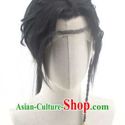 Handmade China Traditional Hanfu Knight Xiao Cean Hairpieces Ancient Young Swordsman Headdress Cosplay Royal Childe Black Curly Wigs