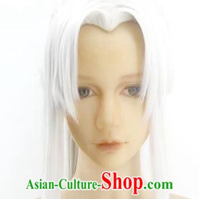Handmade China Cosplay Demon King White Wigs Traditional Hanfu Swordsman Zhu Yeli Hairpieces Ancient Taoist Priest Headdress