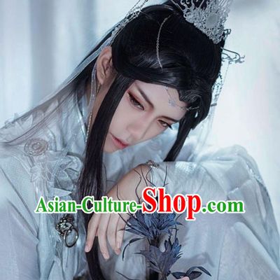 Handmade China Ancient Crown Prince Headdress Cosplay Swordsman Black Wigs Traditional Heaven Official Blessing Xie Lian Hairpieces