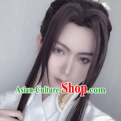 Handmade China Traditional Jin Dynasty Childe Hairpieces Ancient Swordsman Headdress Cosplay Young Knight Brown Wigs