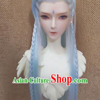 Handmade China Cosplay Dragon Prince Blue Wigs Traditional Young Childe Hairpieces Ancient Swordsman Headdress