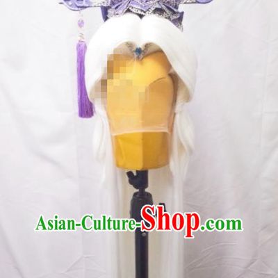 Handmade China Traditional Puppet Show Su Huanzhen Hairpieces Ancient Swordsman Headdress Cosplay Taoist Priest White Wigs and Hair Crown