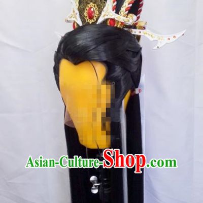 Handmade China Traditional Puppet Show Mo Lisao Hairpieces Ancient Swordsman Headdress Cosplay Royal Prince Black Wigs and Hair Crown