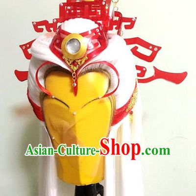 Handmade China Traditional Puppet Show Taoist Priest Hairpieces Ancient Swordsman Headdress Cosplay Chivalrous Male White Wigs and Hair Crown