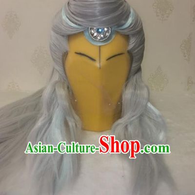 Handmade China Traditional Puppet Show Hairpieces Ancient Taoist Headdress Cosplay Swordsman Grey Wigs