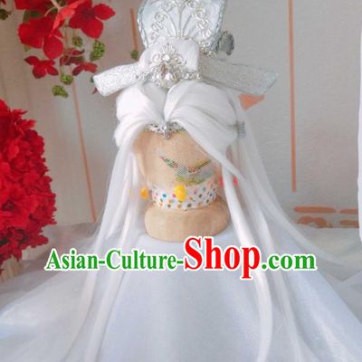 Handmade China Traditional Puppet Show Wen Naihe Hairpieces Ancient Taoist Priest Headdress Cosplay Swordsman White Wigs and Hair Crown