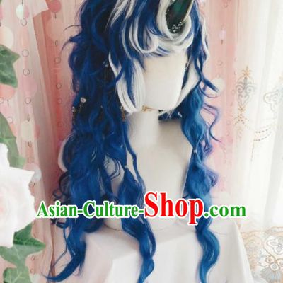 Handmade China Traditional Puppet Show Hairpieces Ancient Swordsman Headdress Cosplay Dragon Prince Blue Wigs