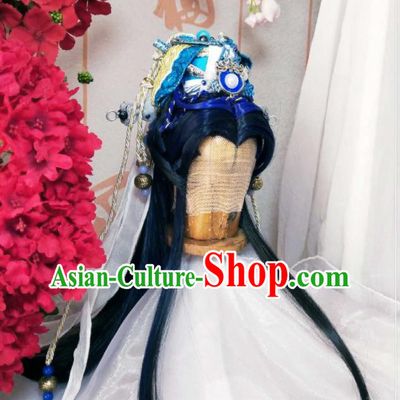 Handmade China Cosplay Emperor Wigs and Hair Crown Traditional Puppet Show Hairpieces Ancient Swordsman King Headdress