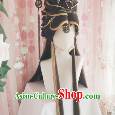 Handmade China Traditional Puppet Show Young Childe Hairpieces Ancient Swordsman Headdress Cosplay Royal Prince Brown Wigs and Hair Crown