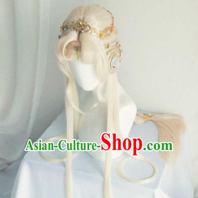 Chinese Cosplay Fairy Princess Hair Accessories Ancient Young Lady Light Golden Wigs Headwear Traditional Puppet Show Swordswoman Hairpieces