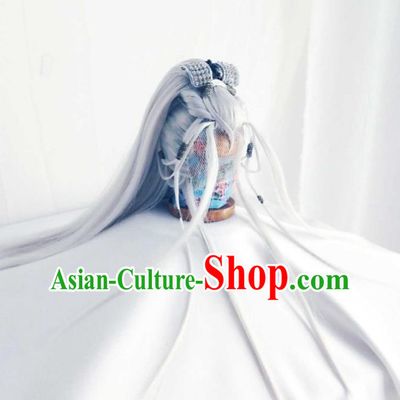 Handmade China Ancient Swordsman Headdress Cosplay Taoist Priest Grey Wigs Traditional Puppet Show Chivalrous Male Hairpieces