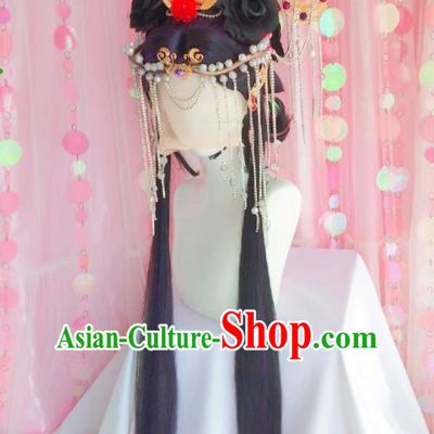 Chinese Ancient Empress Wigs and Hair Crown Headwear Traditional Puppet Show Goddess Hairpieces Cosplay Queen Hair Accessories