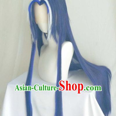 Handmade China Ancient Chivalrous Male Headdress Cosplay Swordsman Blue Wigs Traditional Puppet Show Jian Wuji Hairpieces
