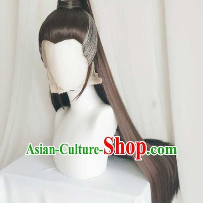 Handmade China Cosplay Taoist Priest Brown Wigs Traditional Puppet Show Chivalrous Male Hairpieces Ancient Swordsman Ponytsil Headdress