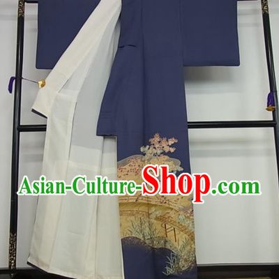 Japan Male Garment Costume Traditional Tsukesage Kimono Clothing Classical Maple Leaf Pattern Blue Yukata Robe