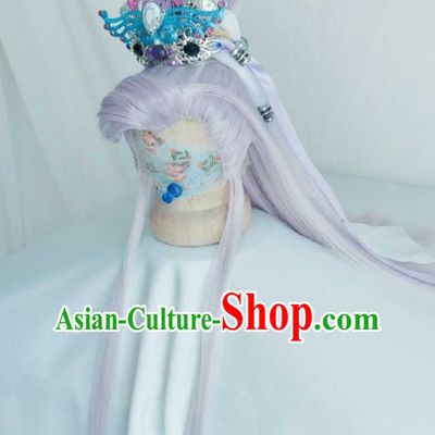 Handmade China Ancient Royal Prince Headdress Cosplay Swordsman Lilac Wigs and Hair Crown Traditional Puppet Show Murong Ning Hairpieces