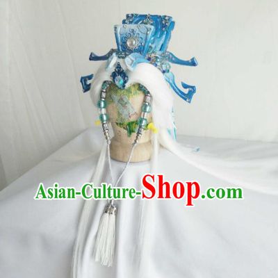 Handmade China Cosplay Taoist Priest White Wigs and Hair Crown Traditional Puppet Show Swordsman Hairpieces Ancient Immortal Headdress