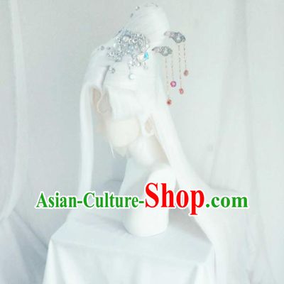 Chinese Cosplay Goddess Hair Accessories Ancient Empress White Wigs Headwear Traditional Puppet Show Ji Wuxia Hairpins Hairpieces