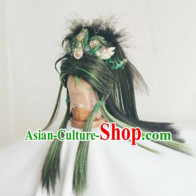 Handmade China Cosplay Royal Duke Wigs and Hair Crown Traditional Puppet Show Swordsman Hairpieces Ancient King Headdress