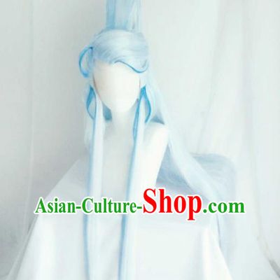 Handmade China Ancient Royal Prince Headdress Cosplay Noble Childe Light Blue Wigs and Hair Crown Traditional Puppet Show Taoist Priest Hairpieces