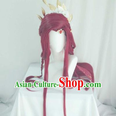 Chinese Cosplay Swordswoman Hair Accessories Ancient Queen Red Wigs and Hair Crown Headwear Traditional Puppet Show Fairy Hairpieces