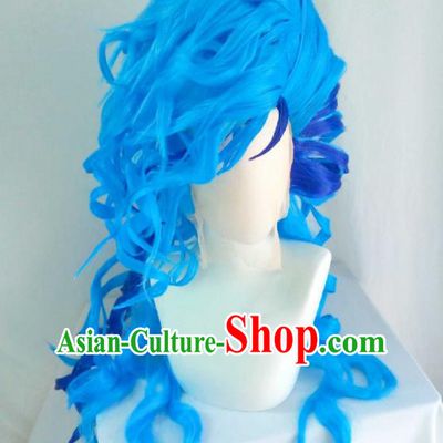 Handmade China Traditional Puppet Show Dragon Prince Hairpieces Ancient Childe Headdress Cosplay Swordsman Blue Curly Wigs