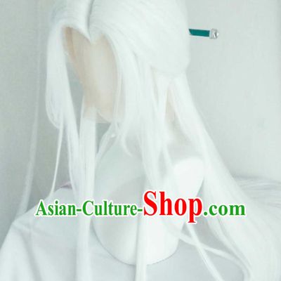 Handmade China Cosplay Swordsman White Wigs Traditional Puppet Show Su Huanzhen Hairpieces Ancient Taoist Priest Headdress