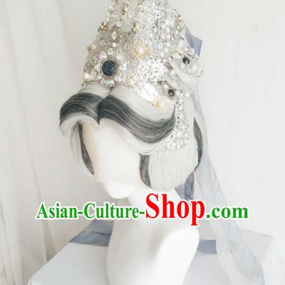 Chinese Ancient Goddess Grey Wigs Headwear Traditional Puppet Show Queen Hairpieces Cosplay Empress Hair Crown Hair Accessories