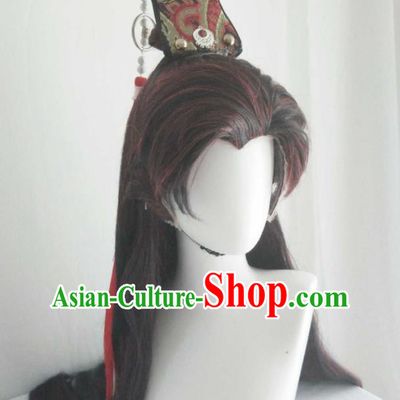 Handmade China Cosplay Swordsman Brown Wigs and Hair Crown Traditional Puppet Show Noble Childe Hairpieces Ancient Royal Prince Headdress