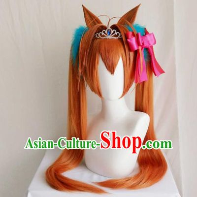 Top Cosplay Orange Wigs Hairpieces Cartoon Young Lady Headdress Magic Girl Hair Accessories