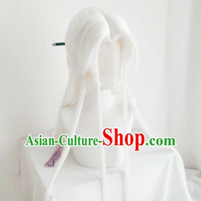 Handmade China Ancient Taoist Headdress Cosplay Swordsman White Wigs and Hair Crown Traditional Puppet Show Su Huanzhen Hairpieces