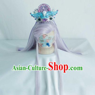 Handmade China Traditional Puppet Show Murong Ning Hairpieces Ancient Royal Prince Headdress Cosplay Noble Childe Violet Wigs and Hair Crown