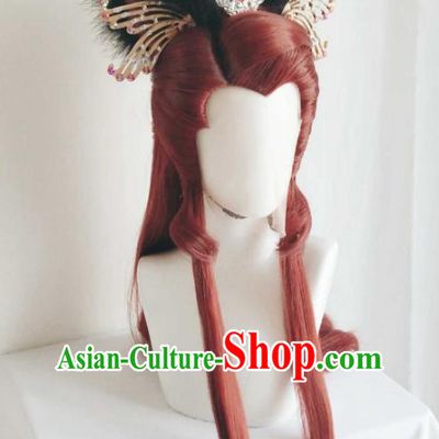 Chinese Cosplay Goddess Hair Accessories Ancient Queen Red Wigs Headwear Traditional Puppet Show Fairy Gongsun Yue Hairpieces