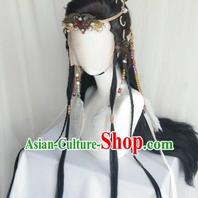 Handmade China Ancient Royal Prince Headdress Cosplay Noble King Black Wigs and Hair Crown Traditional Puppet Show Swordsman Hairpieces