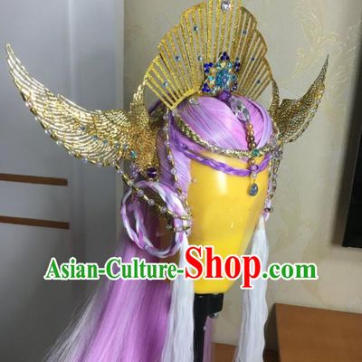 Chinese Ancient Empress Lilac Wigs and Hair Crown Headwear Traditional Puppet Show Jiu Ying Hairpieces Cosplay Goddess Hair Accessories