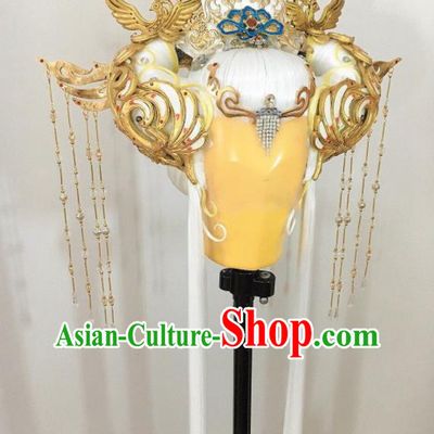 Chinese Cosplay Goddess Hair Accessories Ancient Queen White Wigs and Hair Crown Headwear Traditional Puppet Show Heaven Empress Hairpieces