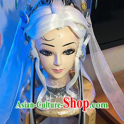Handmade China Ancient Emperor Headdress Cosplay Swordsman White Wigs and Lotus Hair Crown Traditional Puppet Show Taoist Hairpieces