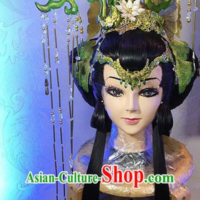 Chinese Ancient Queen Black Wigs and Hair Crown Headwear Traditional Puppet Show Hong Chenxue Hairpieces Cosplay Goddess Hair Accessories