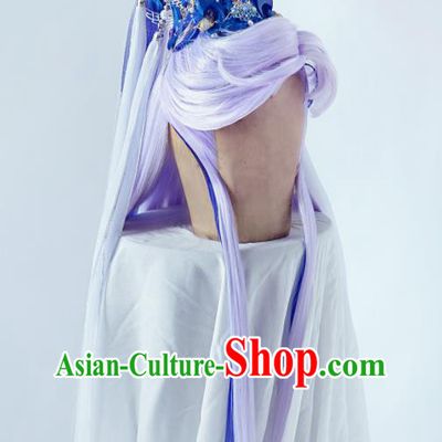 Handmade China Cosplay Swordsman Lilac Wigs and Blue Hair Crown Traditional Puppet Show Murong Ning Hairpieces Ancient Royal Prince Headdress