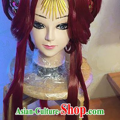 Chinese Traditional Puppet Show Goddess Hairpieces Cosplay Swordswoman Hair Accessories Ancient Queen Red Wigs and Hair Crown Headwear