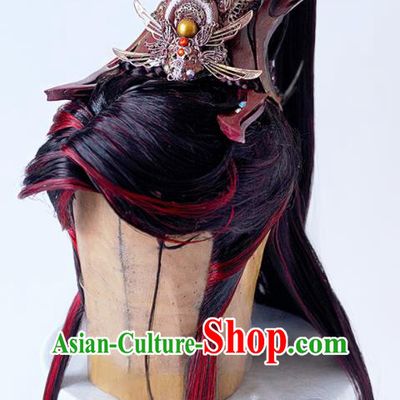 Handmade China Ancient Young Childe Headdress Cosplay Swordsman Red Wigs and Hair Crown Traditional Puppet Show King Shangguan Hongxin Hairpieces