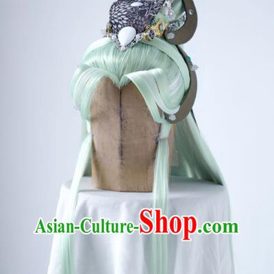 Handmade China Traditional Puppet Show King Mo Cangli Hairpieces Ancient Emperor Headdress Cosplay Swordsman Green Wigs and Hair Crown