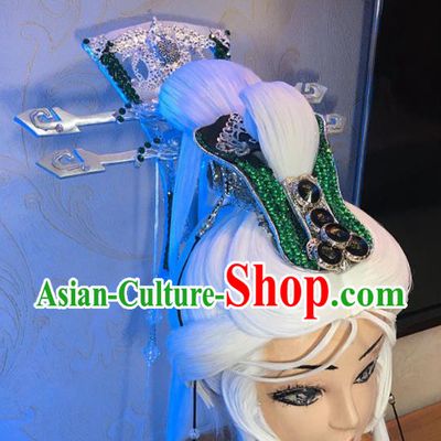 Handmade China Ancient Taoist Master Headdress Cosplay Swordsman White Wigs and Hair Crown Traditional Puppet Show King Hairpieces